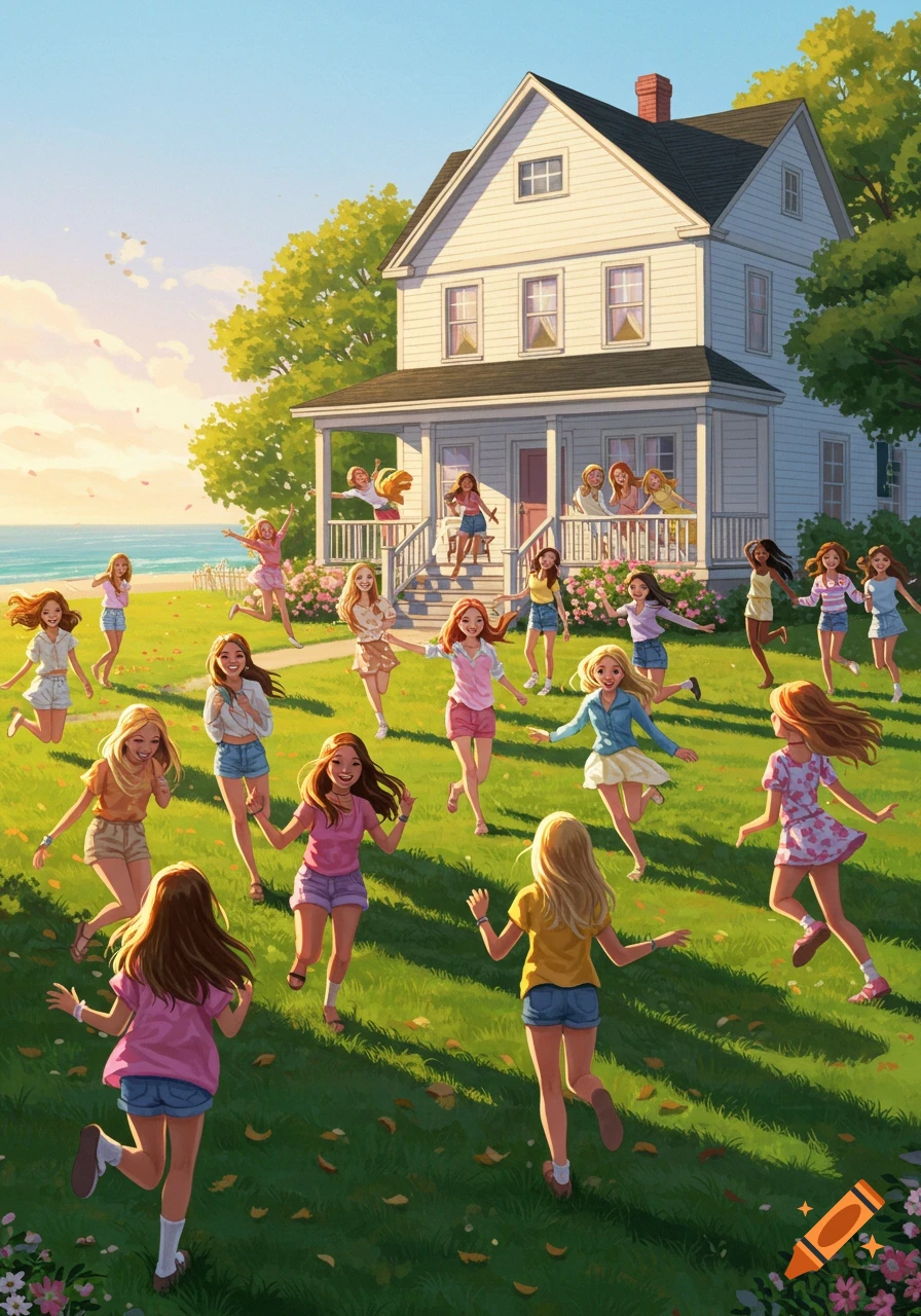 An illustration of many young girls playing and running on a sunny green lawn in front of a large white house by the sea.