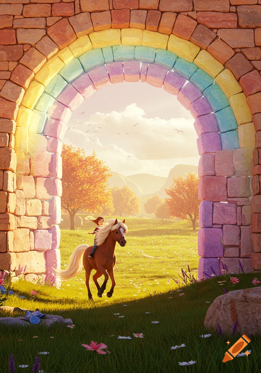 A cartoon girl on a brown pony gallops through a colorful rainbow stone archway into a sunny, vibrant green field with autumn trees.
