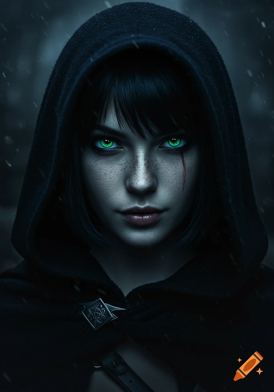 Photorealistic portrait of a mysterious woman with black hair, glowing green eyes, freckles, and a dark hooded cloak in snow.