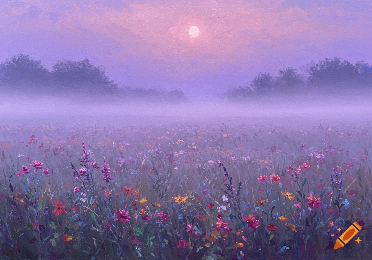 Oil pastel painting of a foggy field of colorful wildflowers under a purple and pink sky with a glowing sun.