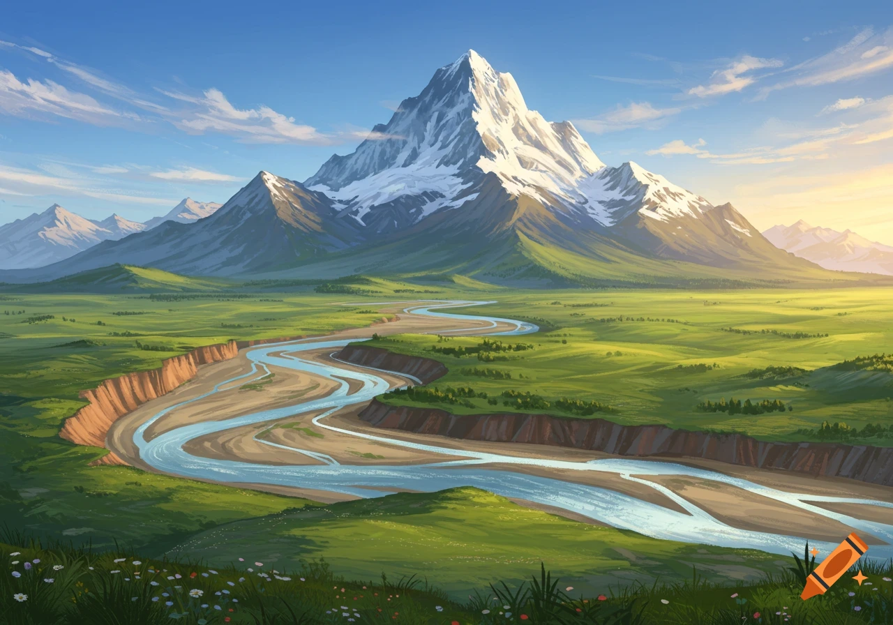 Vast green valley with a winding river leading to a snow-capped mountain under a bright blue sky, digital painting.
