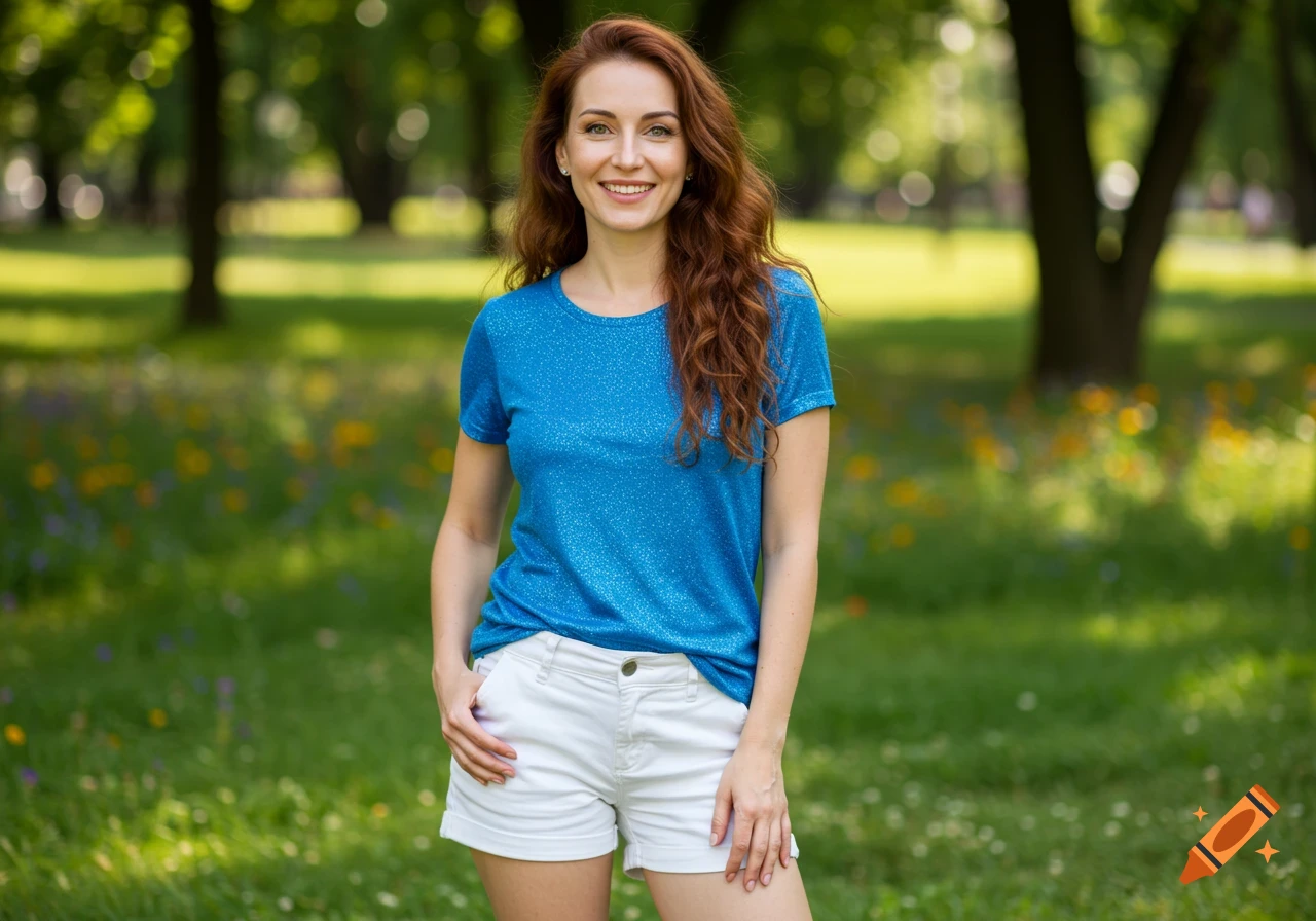 A smiling woman with long auburn hair wearing a blue t-shirt and white shorts stands in a sunny park.