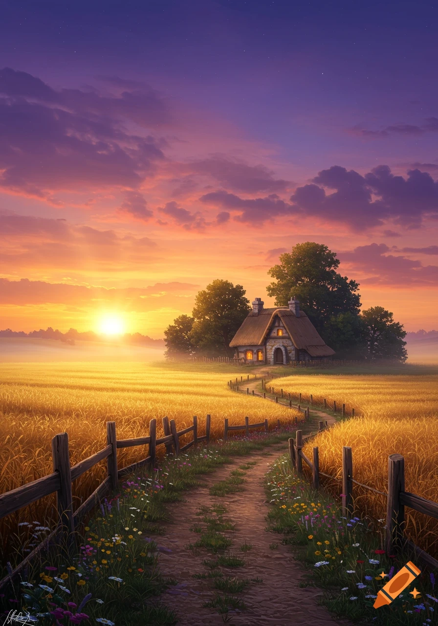 A cozy cottage with glowing windows nestled in a golden wheat field at sunset, with a winding path and purple-orange sky.