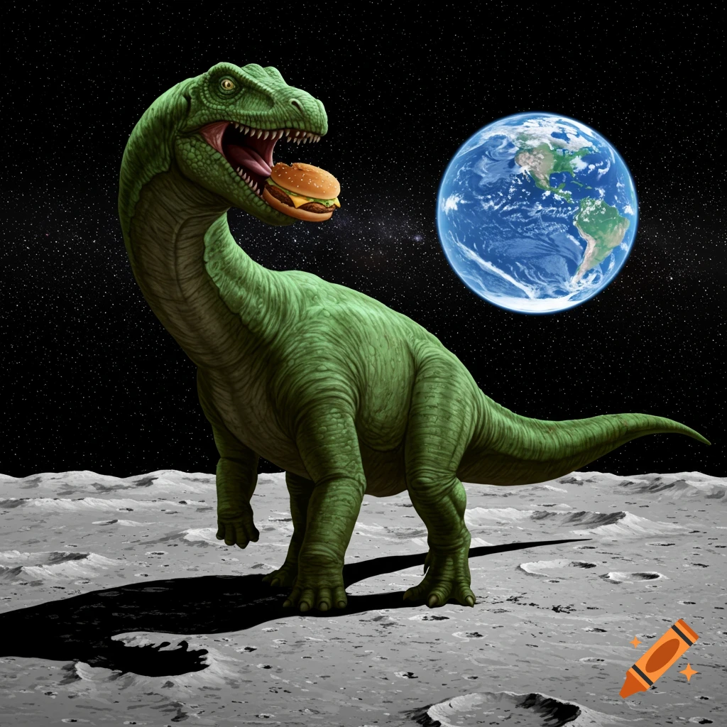 A green dinosaur stands on the moon, eating a cheeseburger, with Earth visible in the starry background.