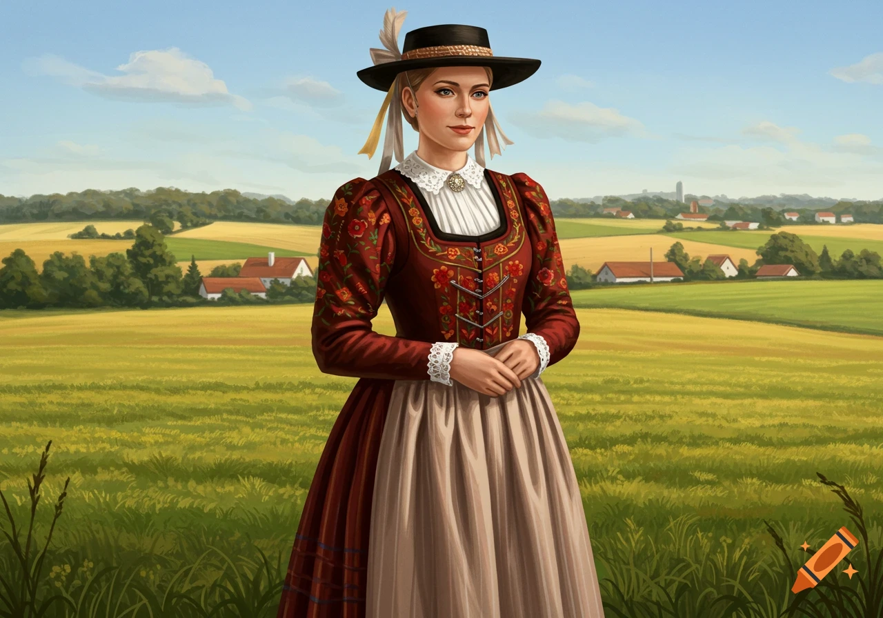 A woman in a traditional dark red German dress with floral embroidery and a black hat stands in a golden field.