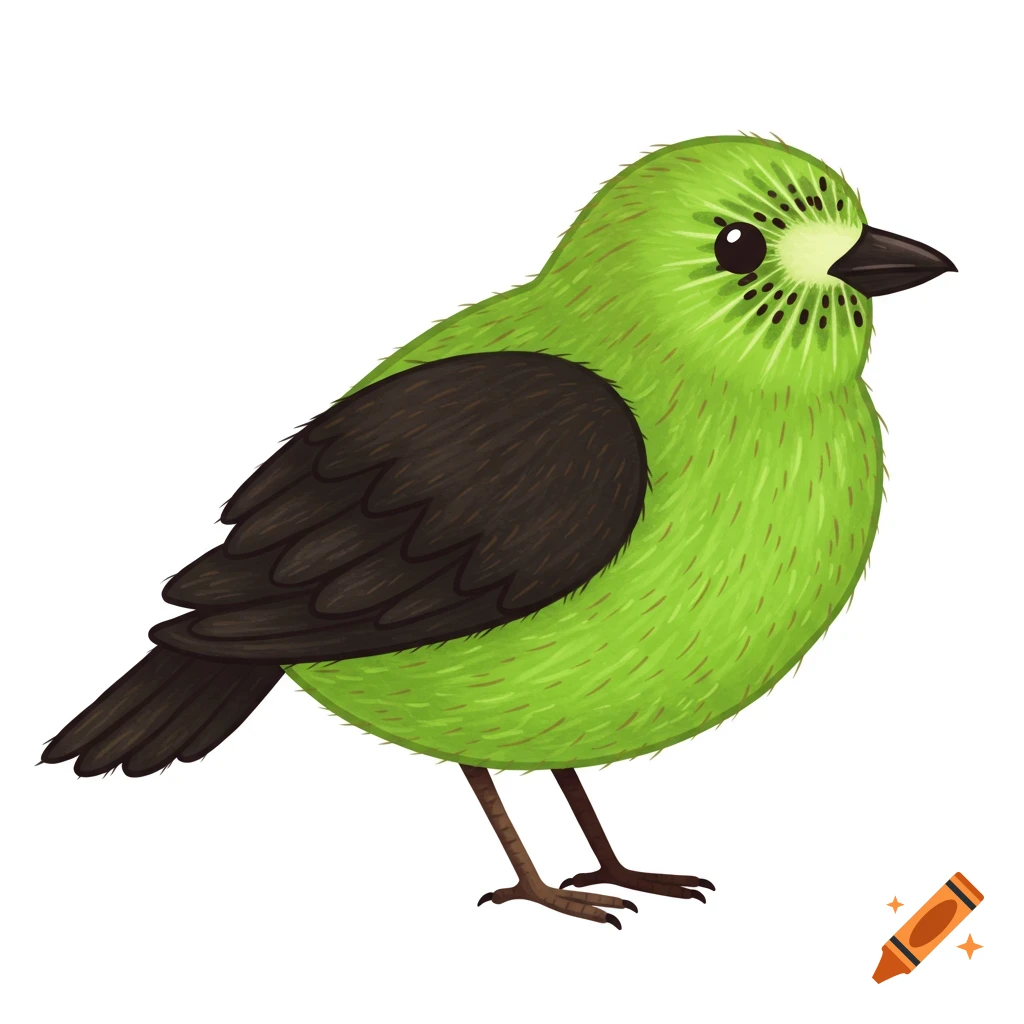 Cartoon bird with a green fuzzy body like kiwi fruit, black wings, and a kiwi fruit slice pattern on its face.