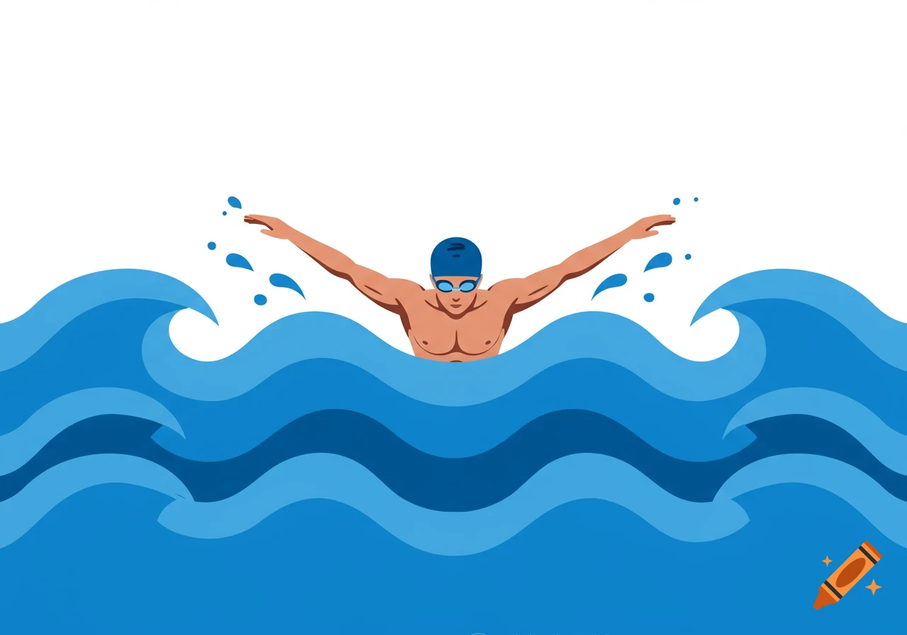 A male swimmer in a blue cap and goggles performs the butterfly stroke, arms extended, above blue waves in a minimalist illustration.