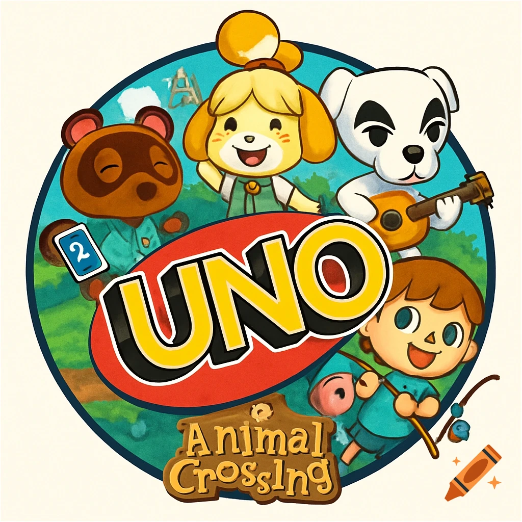 Colorful cartoon illustration featuring Animal Crossing characters Tom Nook, Isabelle, K.K. Slider, and a human villager, surrounding prominent UNO and Animal Crossing logos.