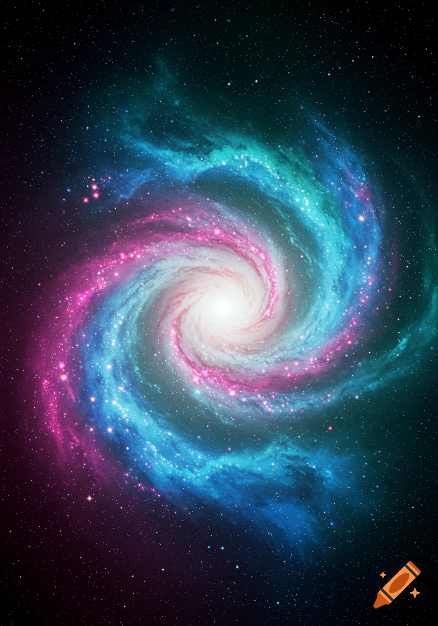 A vibrant spiral galaxy swirling with pink, blue, and teal nebulas and a bright white core, set against a dark, star-filled space.