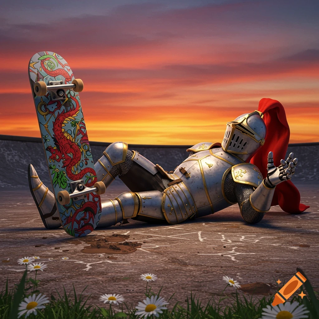 Armored knight lying on his back on a concrete skatepark floor, a skateboard with a red dragon design propped against his leg. Vibrant sunset sky.
