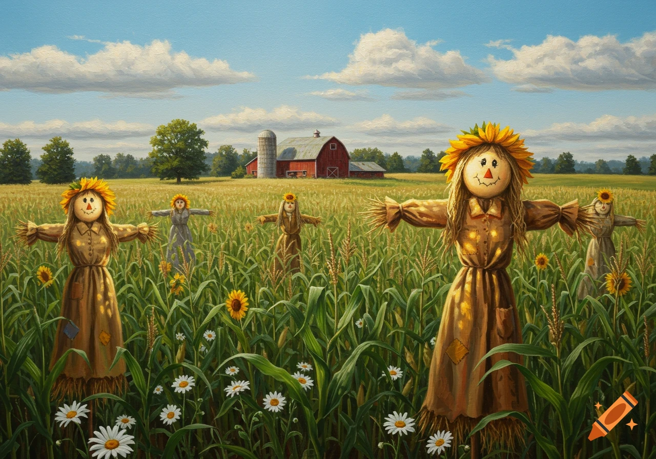 Painted scene of several scarecrows in a cornfield with daisies in the foreground and a red barn in the distance.