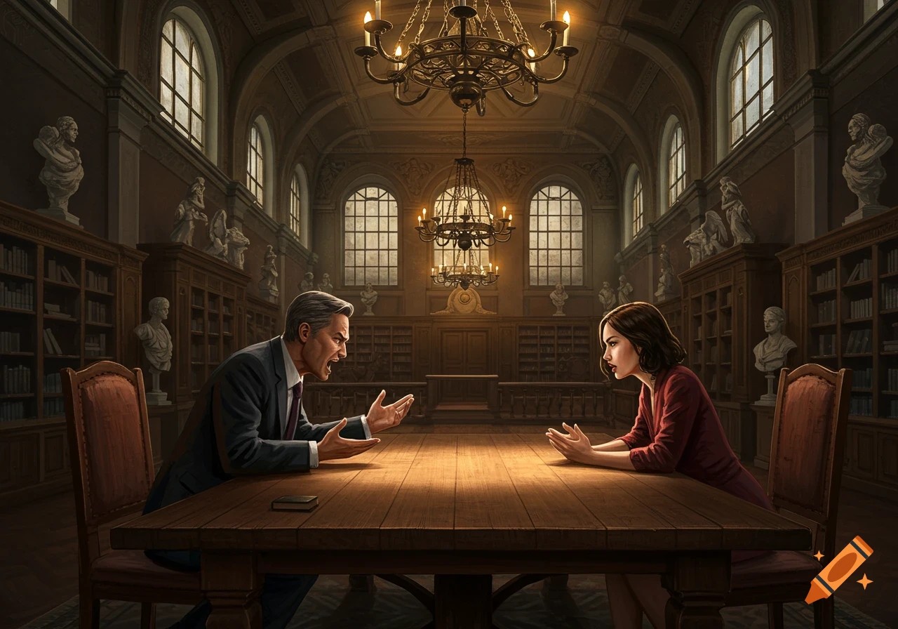 A man and a woman argue intensely across a large wooden table in a grand, dimly lit library with tall windows and chandeliers.