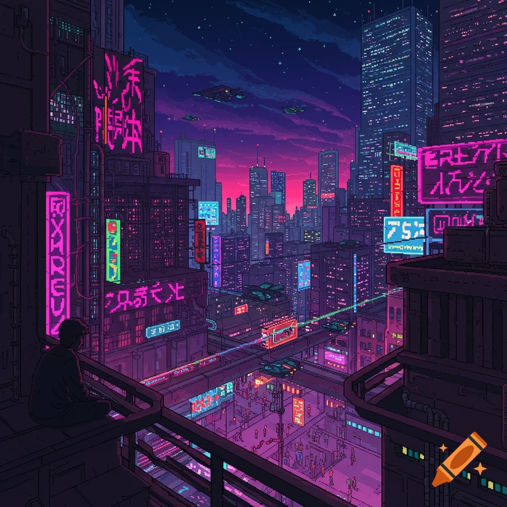 A lone figure sits on a balcony, overlooking a vibrant, neon-lit pixel art cyberpunk cityscape at dusk.