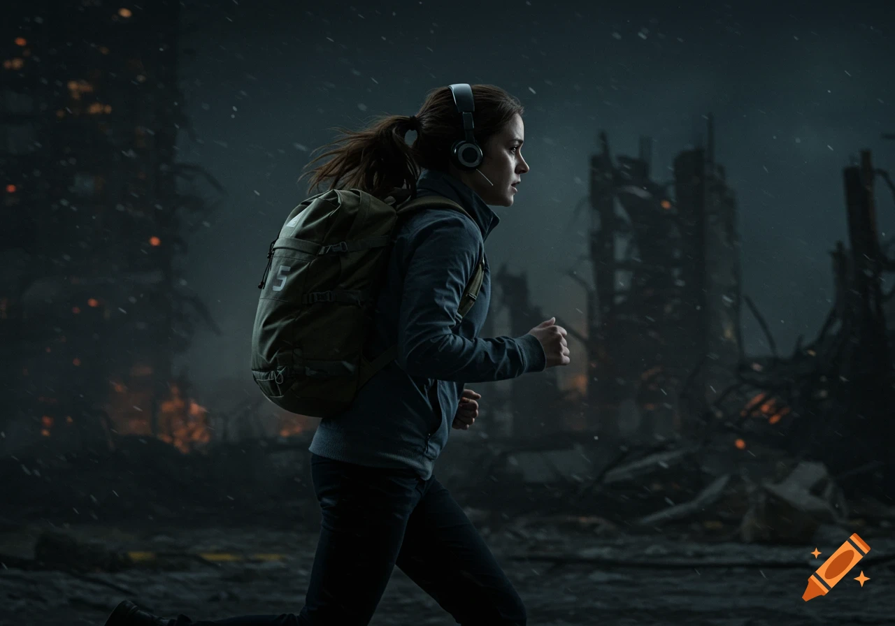 Young woman with a ponytail, headset, and backpack with '5' runs through a dark, snow-dusted apocalyptic city at night.