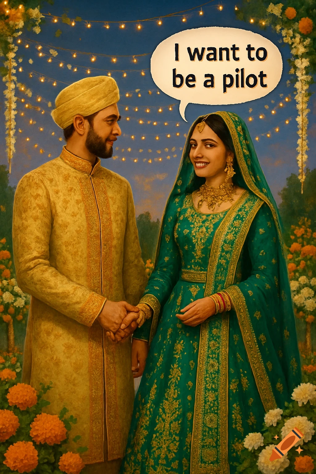 A South Asian couple in traditional gold and green attire holds hands in a garden. A speech bubble above the woman says, 'I want to be a pilot.'