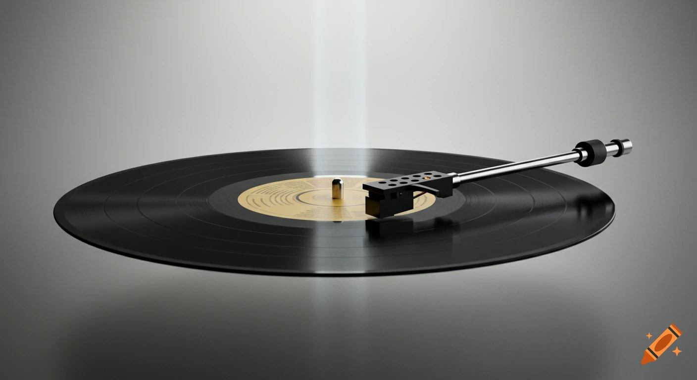 A photorealistic close-up of a black vinyl record with a gold label and a silver turntable arm hovering above it on a gray reflective surface.