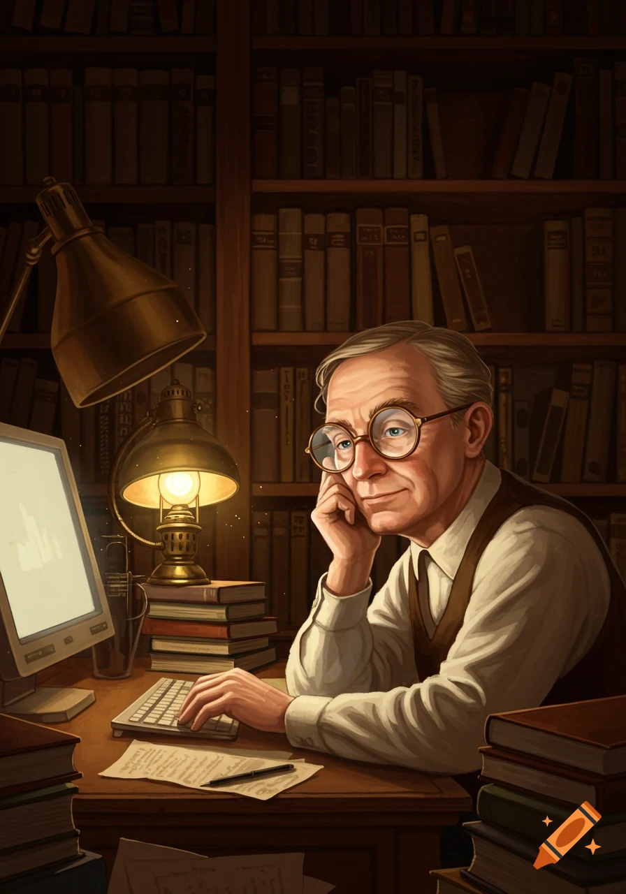 An older man with round glasses types on a computer at a wooden desk, surrounded by stacks of books and warm lamps in a dimly lit library.