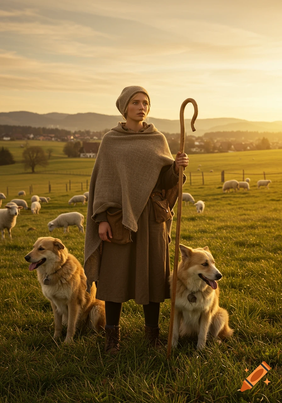 Photorealistic portrait of a young shepherdess and two dogs in a golden meadow with sheep, hills, and a sunset.