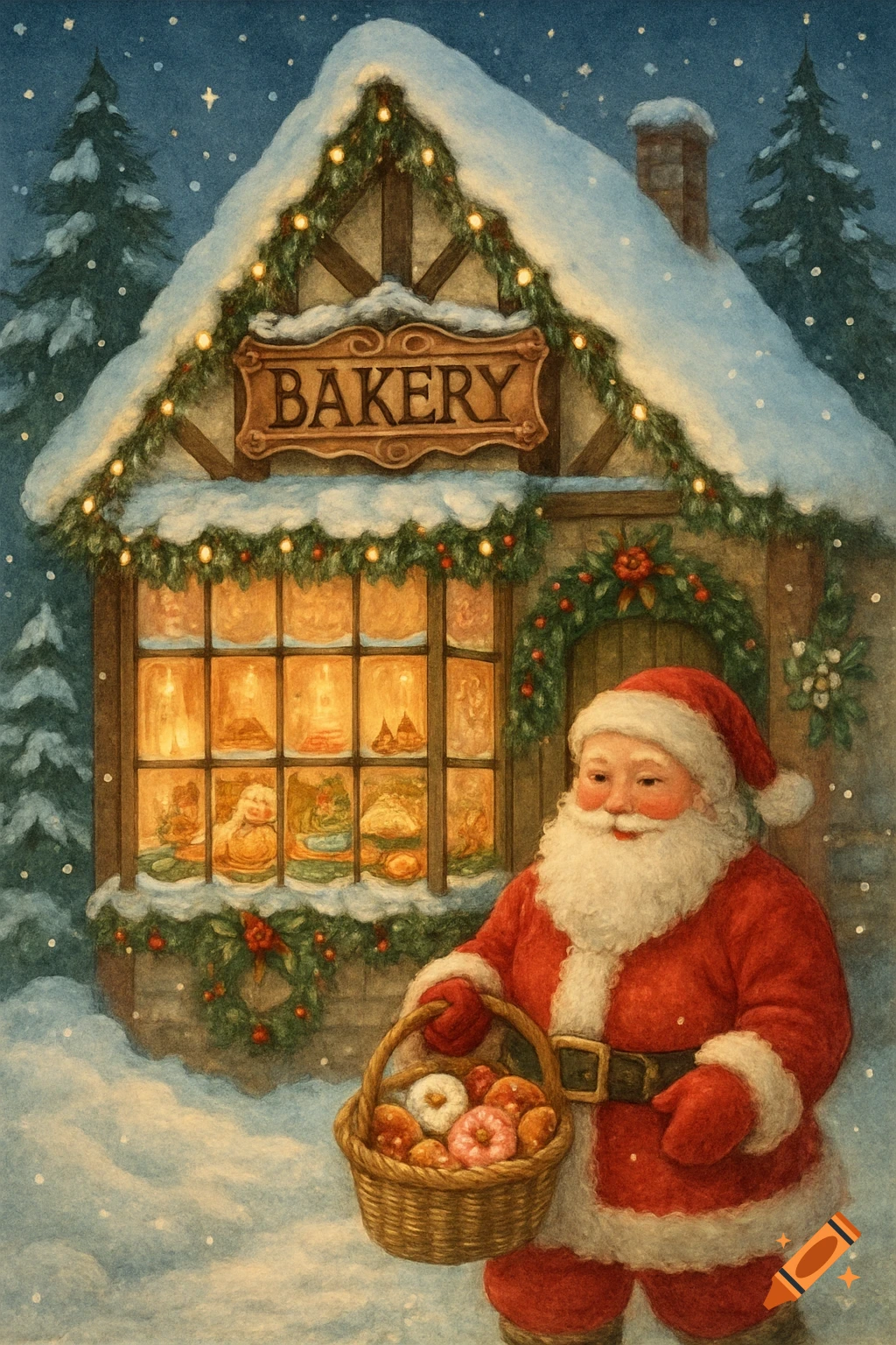 Santa Claus holding a basket of pastries outside a festive, snow-covered bakery at night, watercolor style.