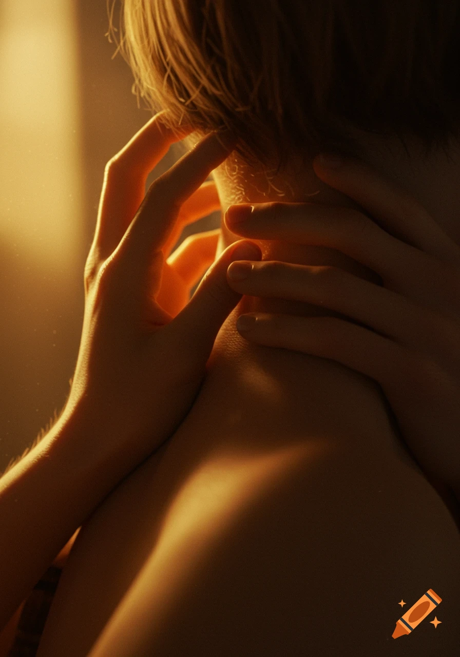 Two hands gently clasping the back of a neck, bathed in warm golden light, hyperrealistic photo.