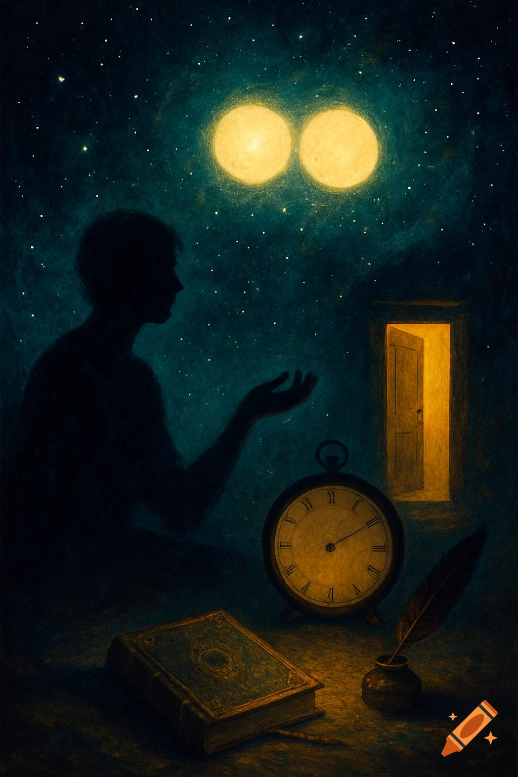 A dark, symbolic painting shows a person's silhouette under two glowing moons, near a clock, book, inkwell, and an open, bright door.