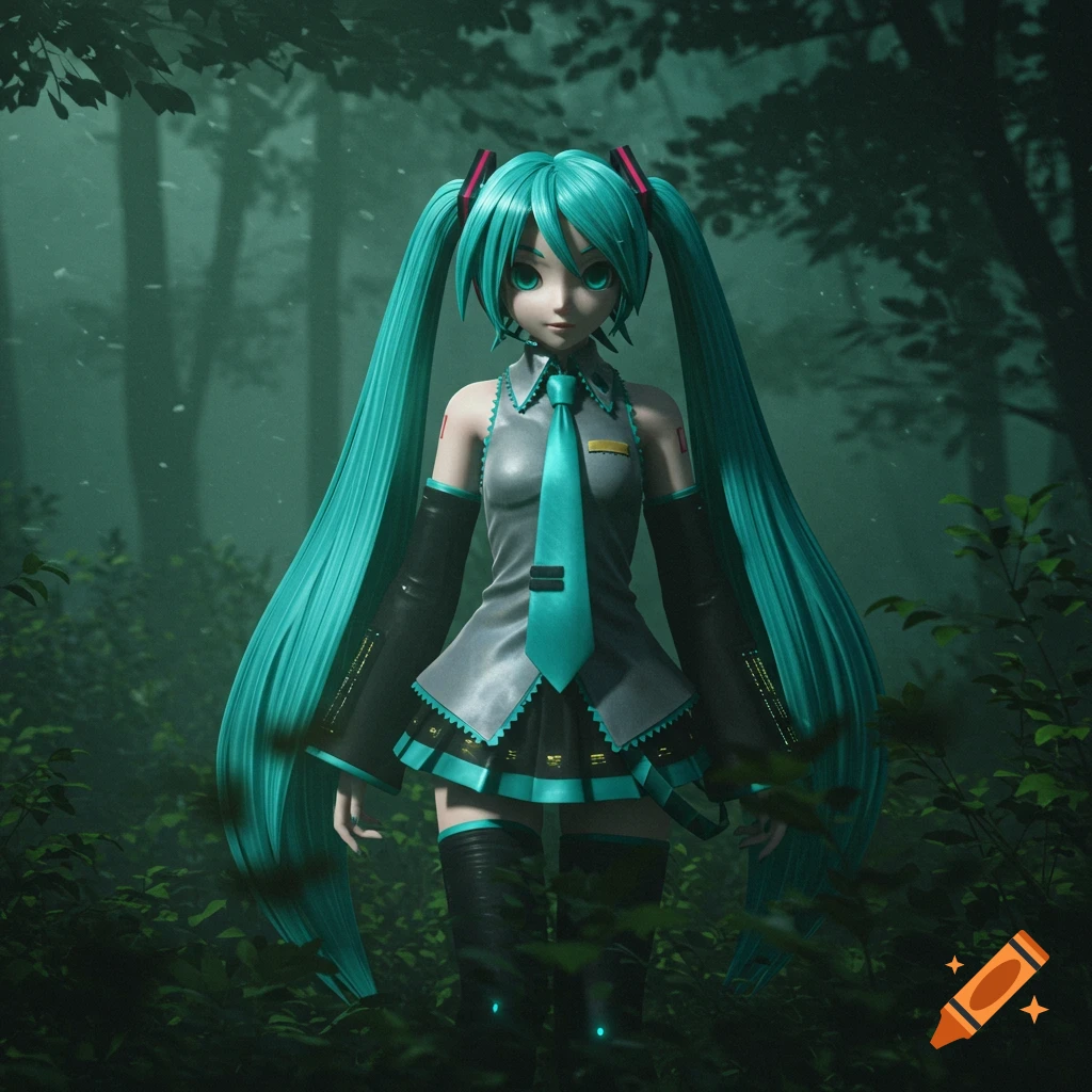 Hatsune Miku, a teal-haired anime character, stands in a dark, moody forest with misty lighting, in a stylized, somewhat blurry render.