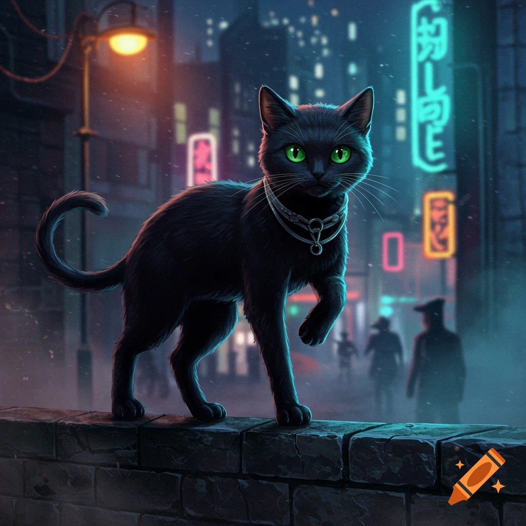 A sleek black cat with glowing green eyes walks on a stone wall in a neon-lit futuristic city at night, digital art.