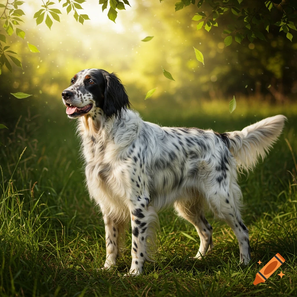 Photorealistic English Setter mix dog with white fur and black spots standing in a sun-dappled grassy forest with falling leaves.