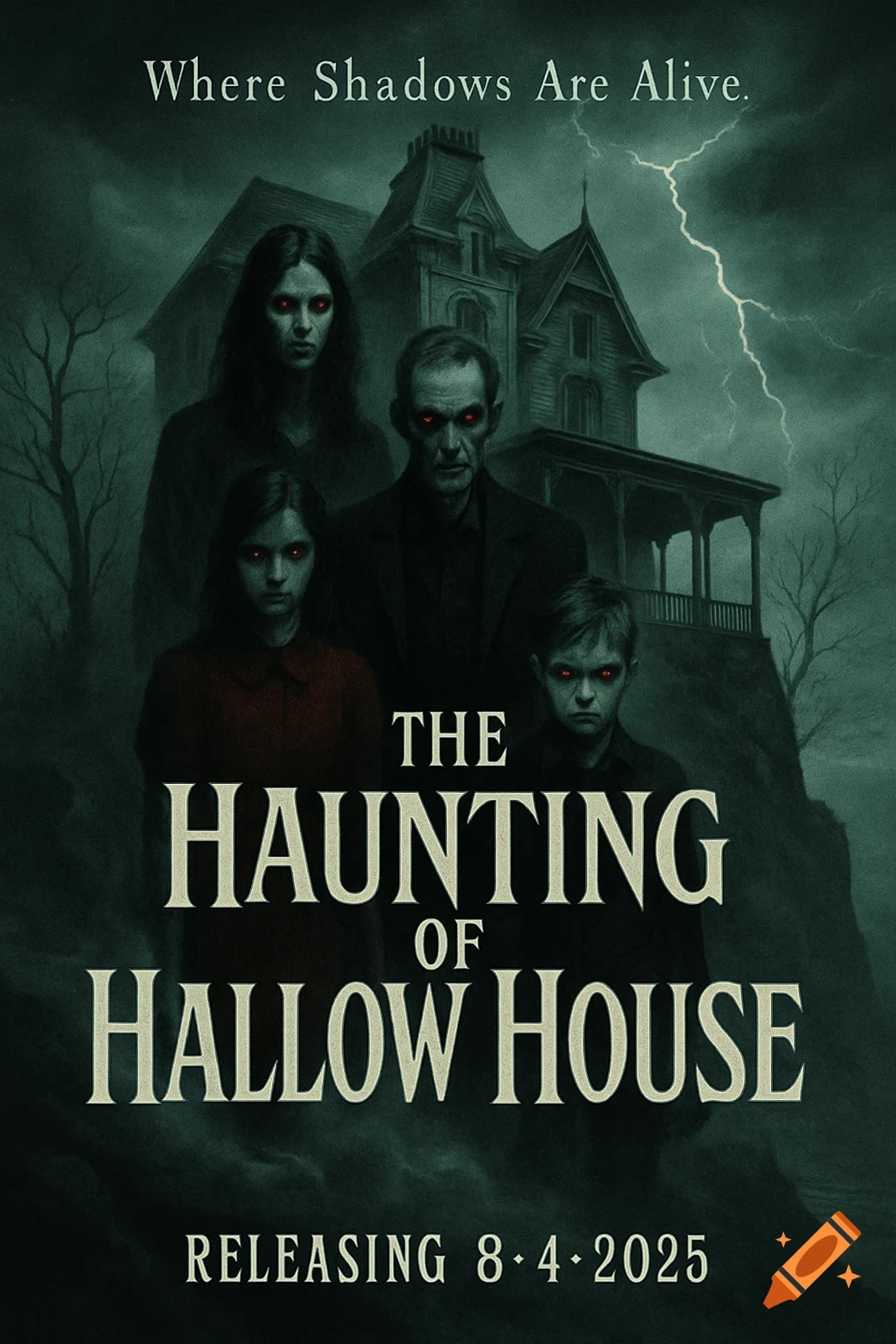 A horror movie poster with a gaunt family with red eyes in front of a haunted house, with lightning in the background.