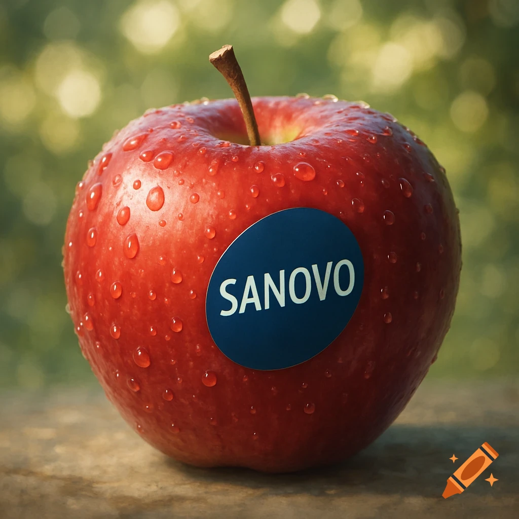A close-up of a red apple covered in water droplets with a blue oval sticker bearing the word 'SANOVO' on its side.
