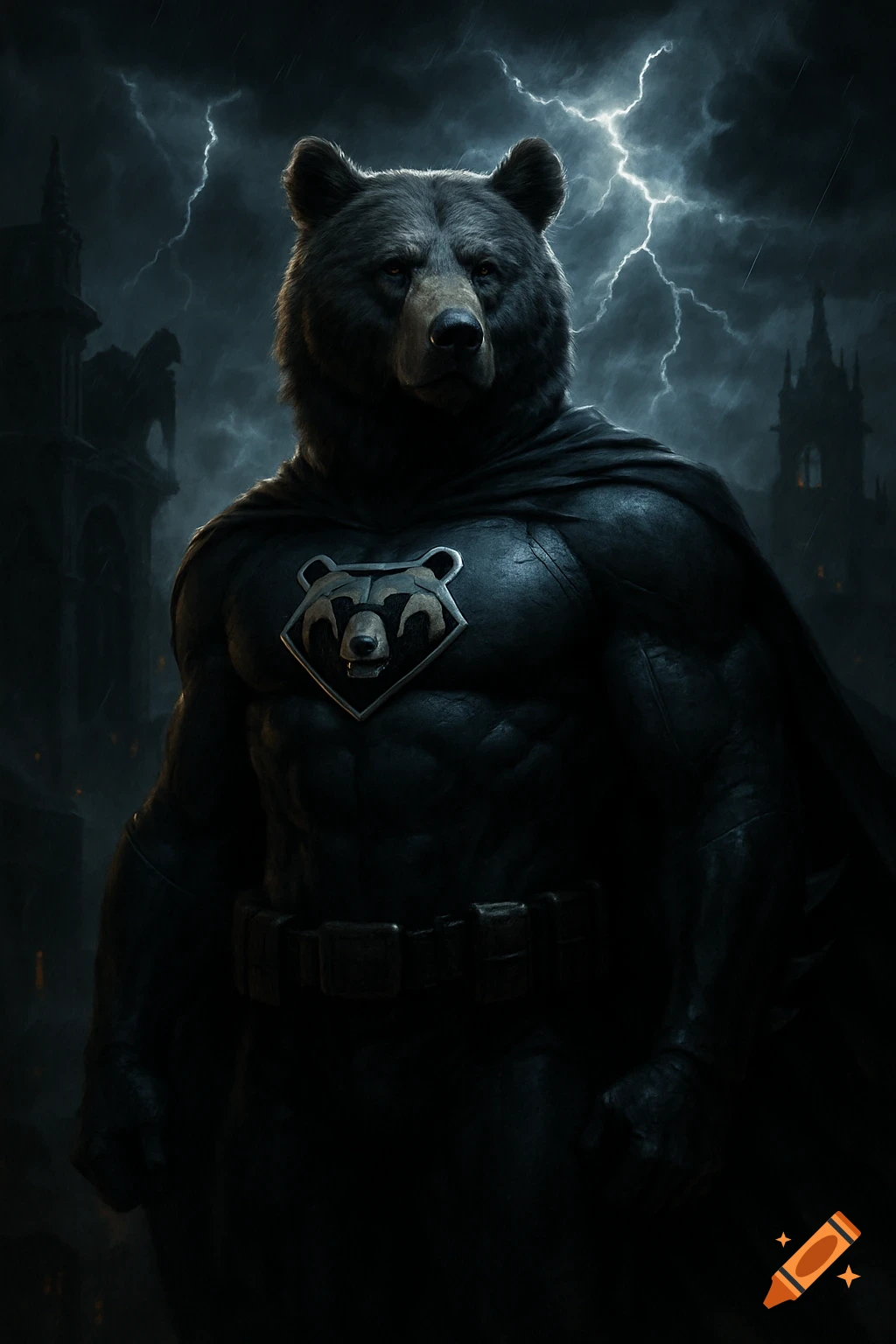 A muscular bear-headed superhero with a bear logo on his chest, wearing a cape in a stormy, gothic city with lightning.
