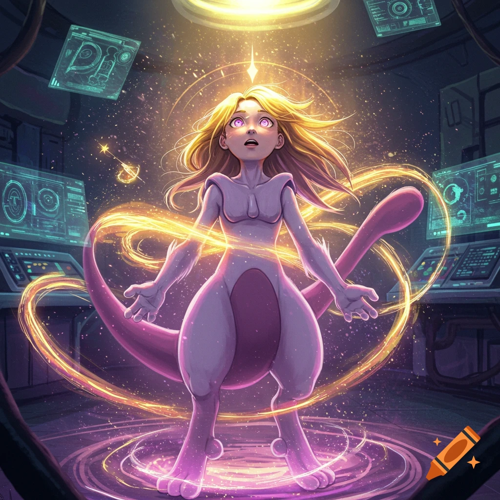 A blonde human girl transforms into Mewtwo, surrounded by golden energy in a futuristic laboratory.