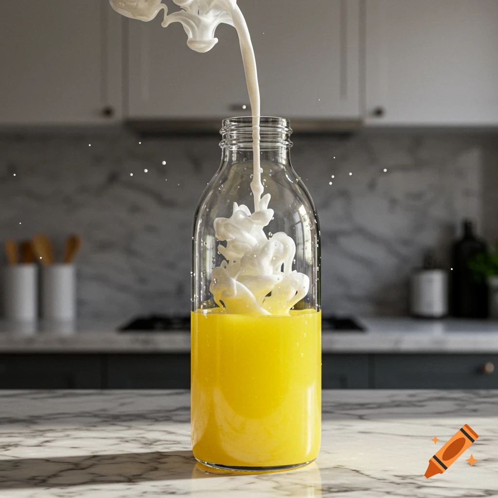 White liquid is poured into a clear glass bottle containing yellow liquid, creating splashes. The bottle sits on a marble counter in a kitchen.
