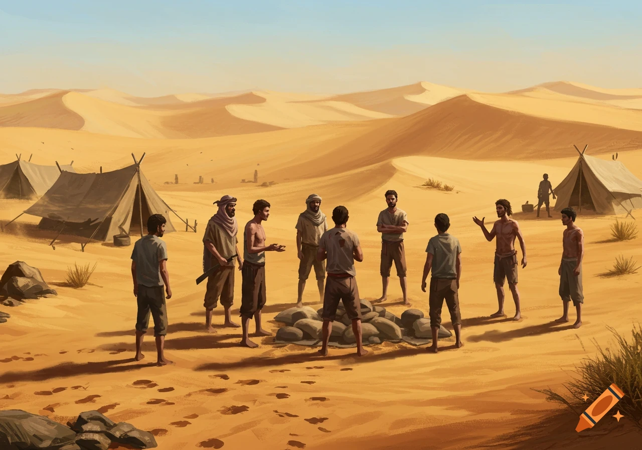 A group of men stand around a small pile of sacks in a desert camp, with tents and sand dunes in the background, in a painted style.