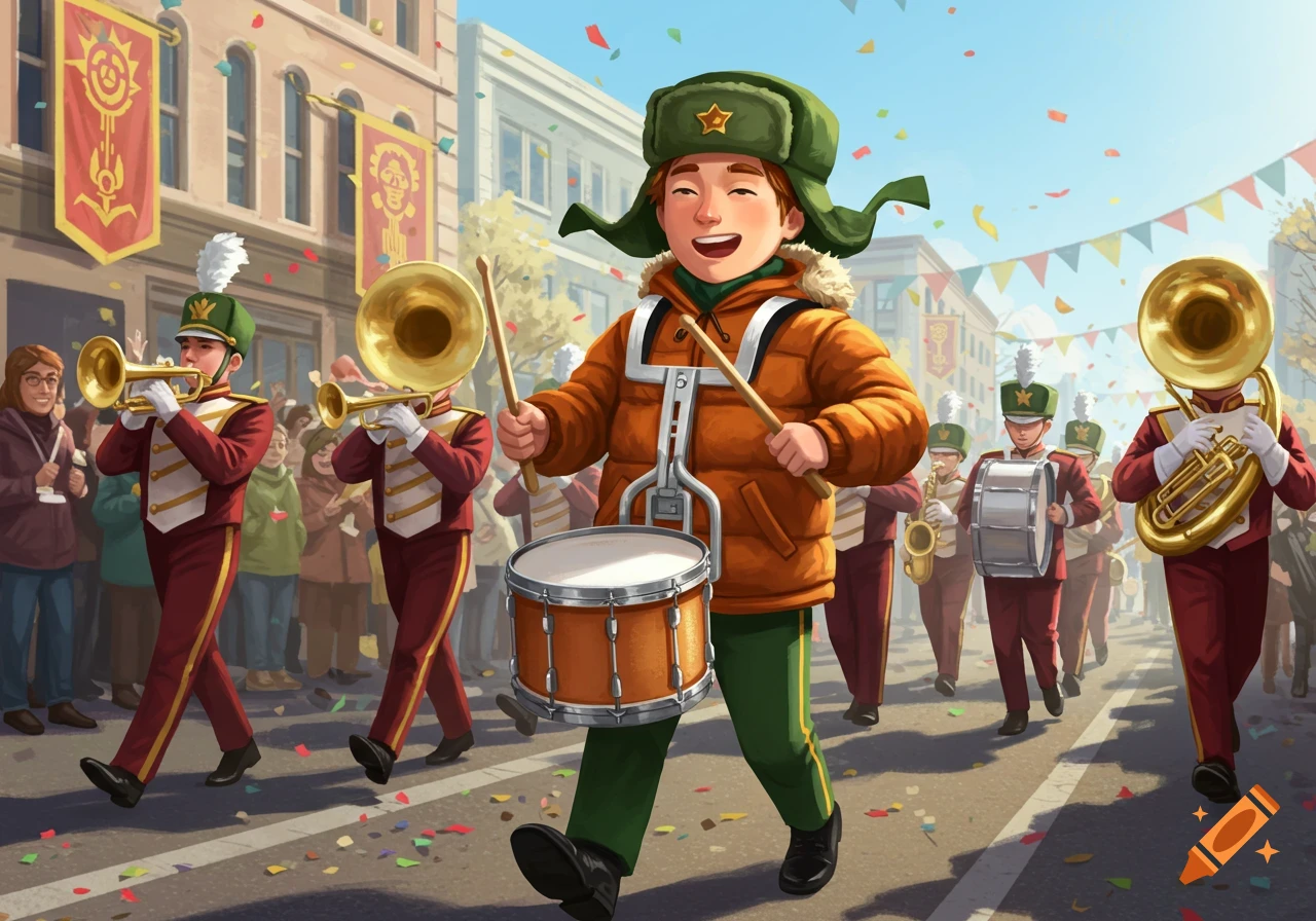 Cartoon boy, Kyle Broflovski, plays drums in a festive marching band parade with confetti.