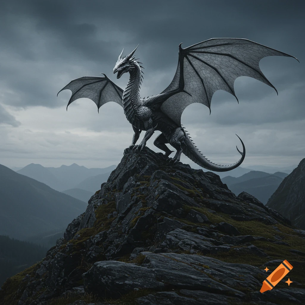 A majestic dark grey dragon perched atop a rugged mountain peak under a dramatic cloudy sky, overlooking distant mountains.
