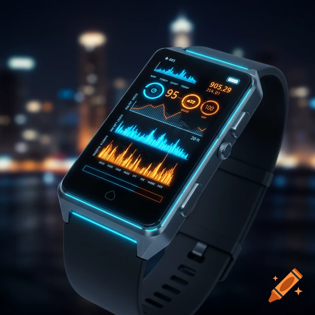A sleek black wrist monitor displays vibrant blue and orange data graphs and glowing UI elements against a blurred city night.