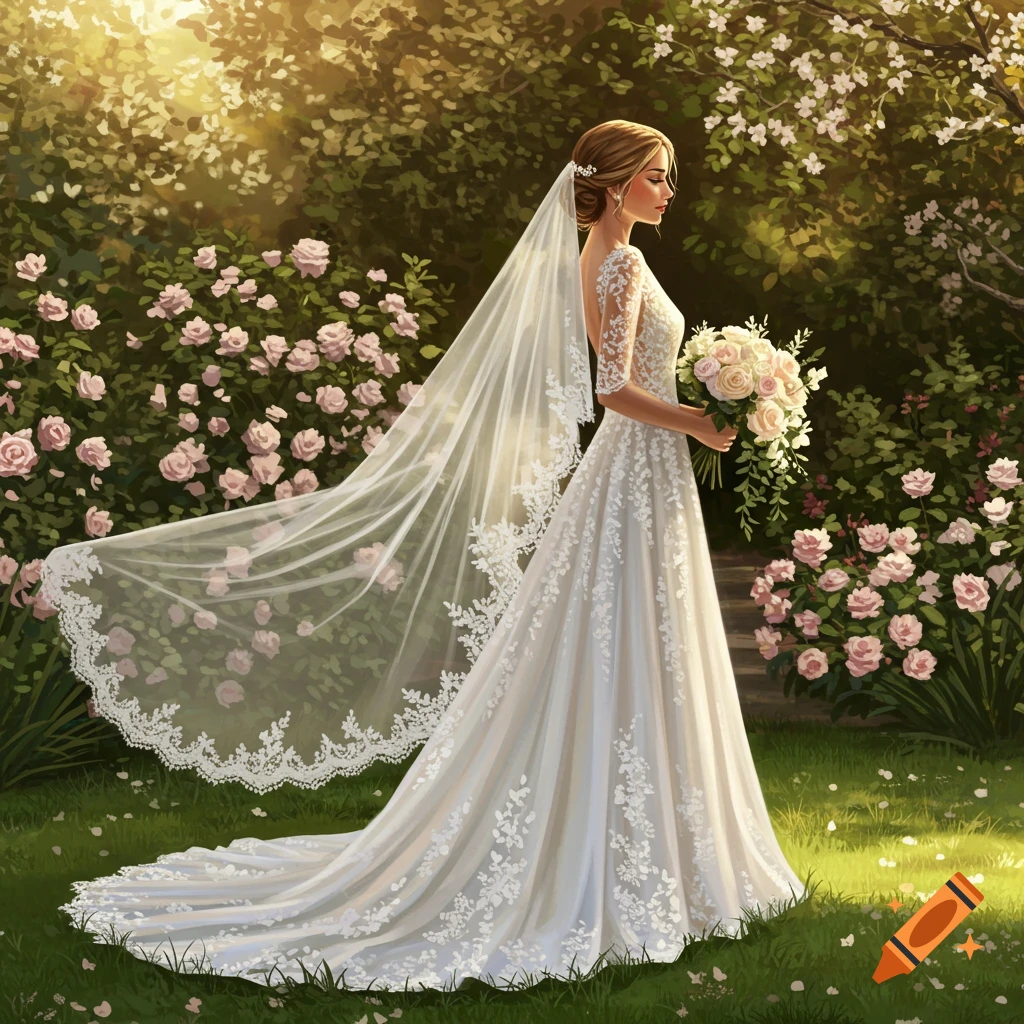 A bride in a white lace wedding dress and long veil stands in a sunlit garden, holding a bouquet of pink and white roses.