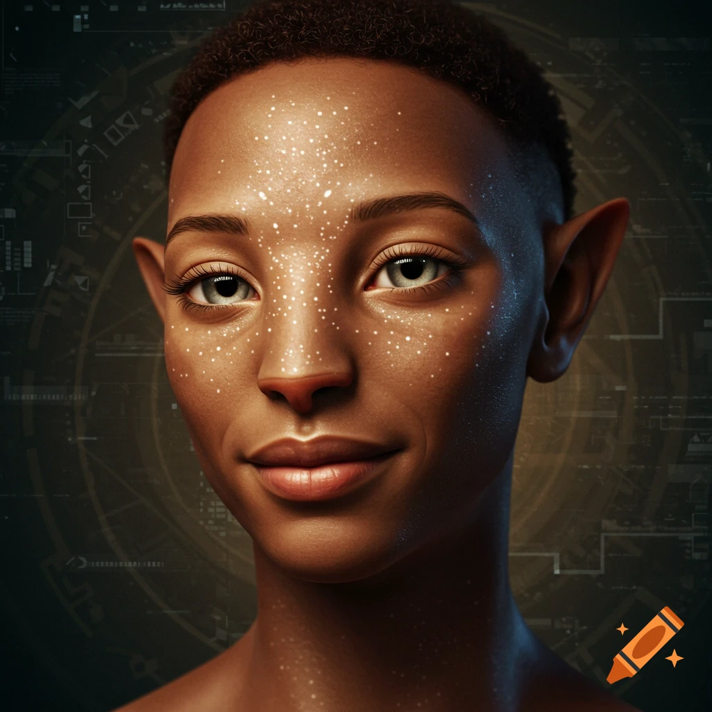 Photorealistic close-up portrait of a person with pointed ears and speckled skin against a dark, futuristic background.