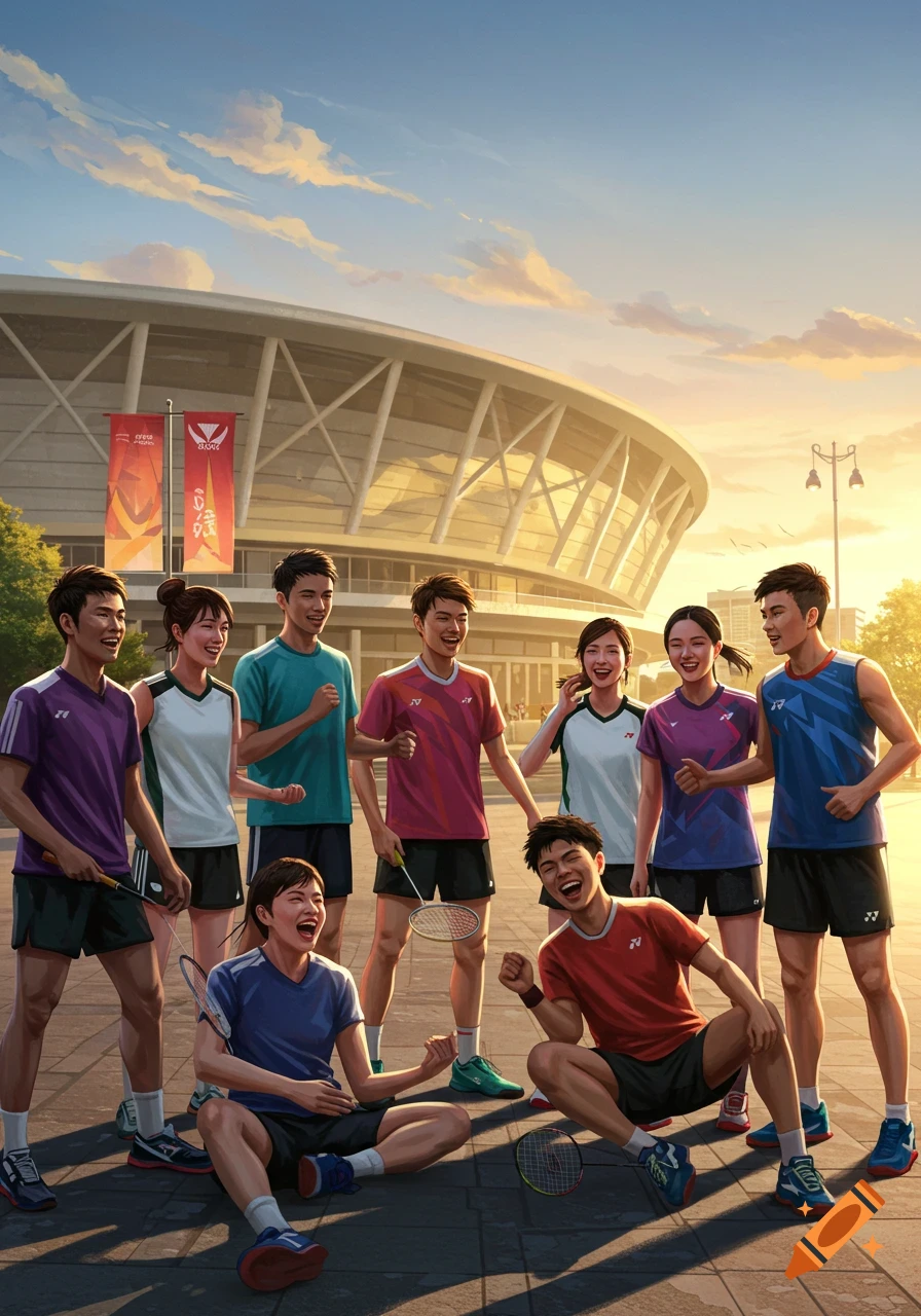 A group of smiling Asian men and women in various colored badminton outfits pose happily outside a large stadium at sunset. Some hold rackets.