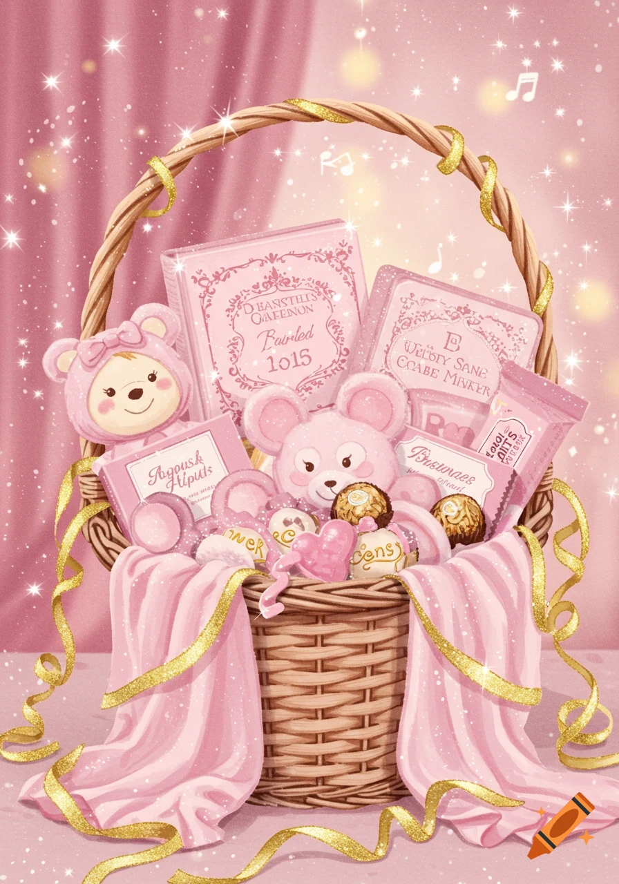 A glittery pink gift basket overflowing with two stuffed bear toys, pink-wrapped chocolates, boxes, and a draped pink blanket, with golden ribbons and musical notes floating in the background.