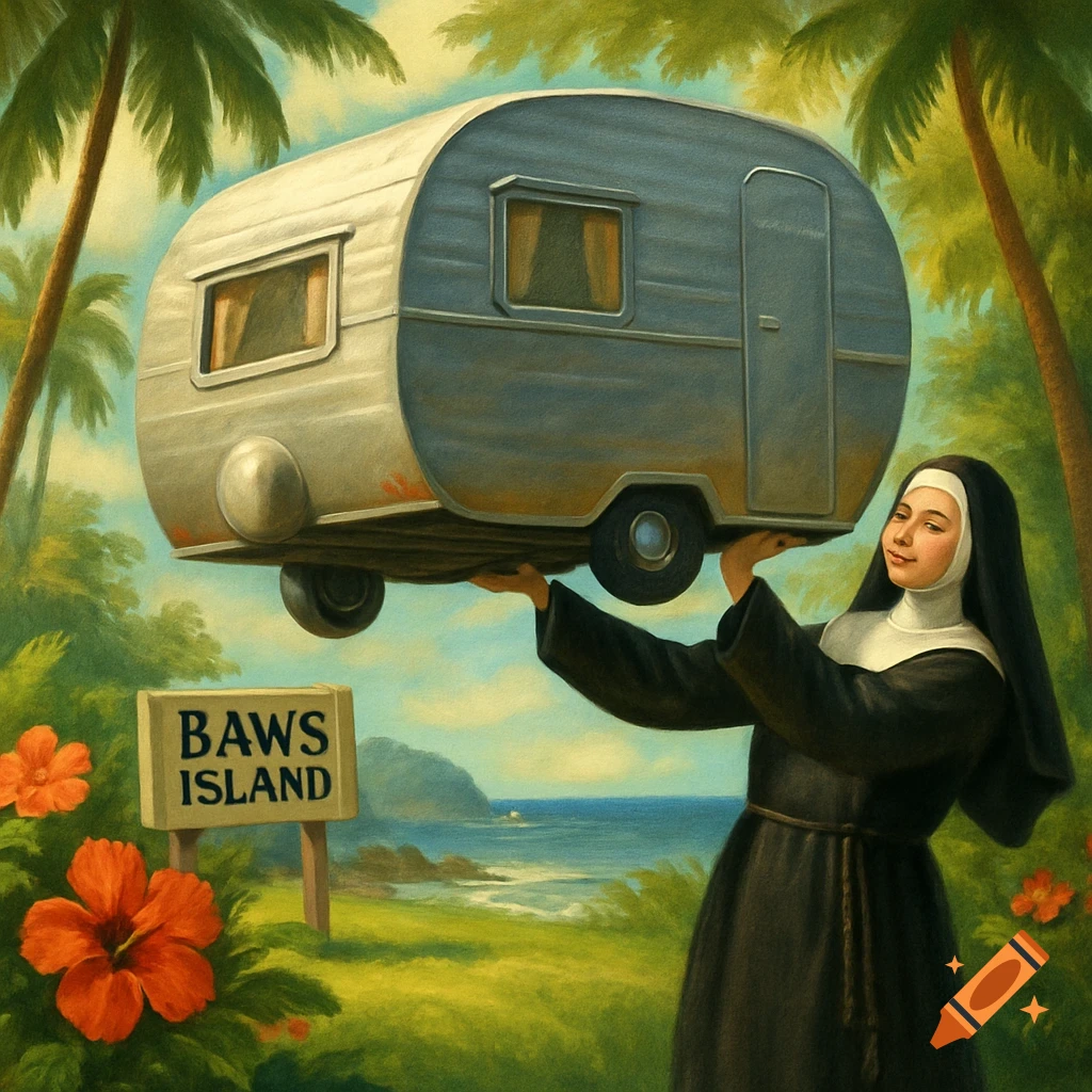 A nun holds a silver trailer over her head on a tropical island with palm trees and a sign reading 'BAWS ISLAND', in a painterly style.