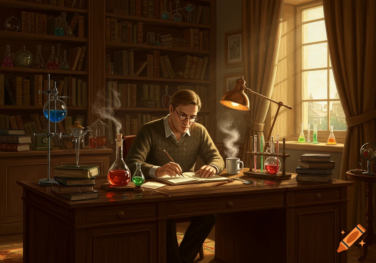 A man in a vintage study, wearing glasses, writes at a desk with scientific equipment, books, and a steaming mug of tea.