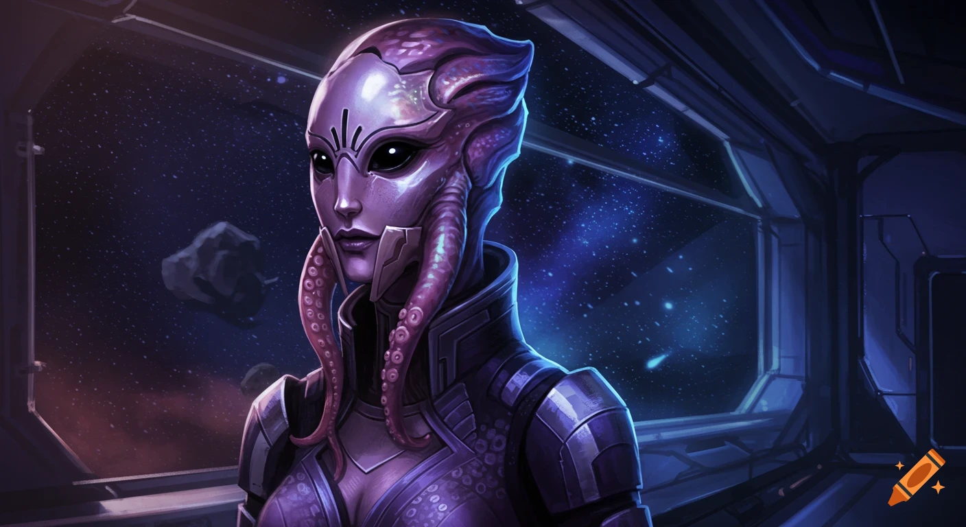 A purple-skinned alien female in sci-fi armor with tendrils, looking out a spaceship window at stars and asteroids.