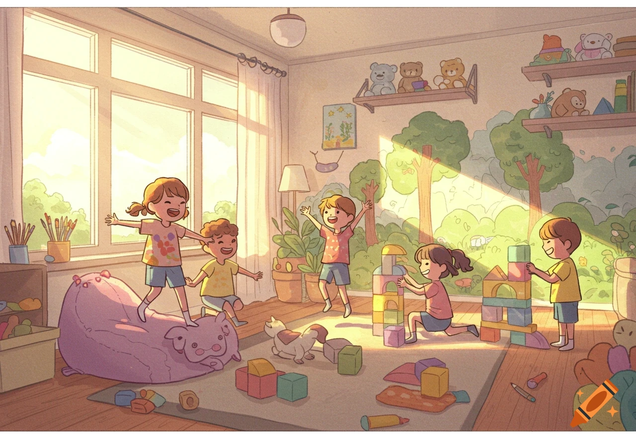 Cartoon illustration of happy children playing in a sunny room with toys, including building blocks and a large pink beanbag.