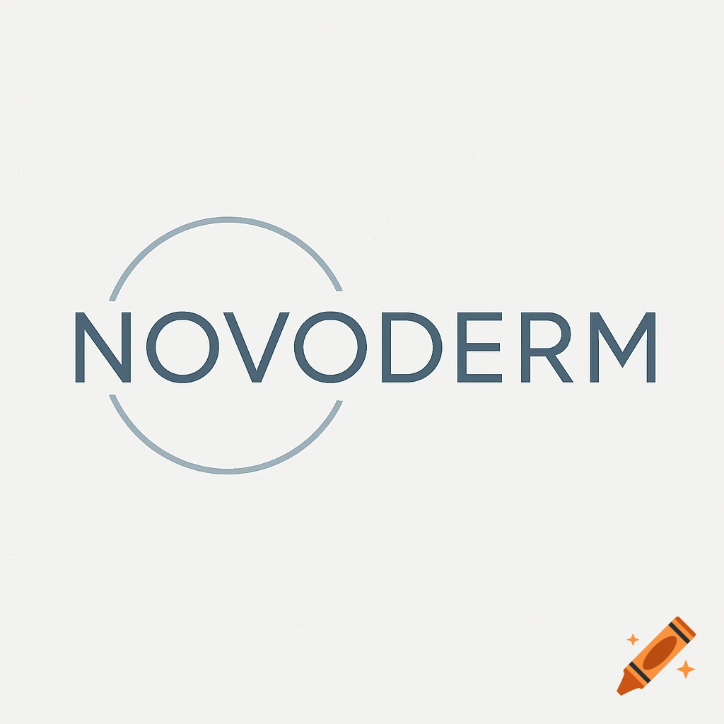Minimalist logo for NOVODERM in dark grey text, with a light blue circle around the "O" in "NOVO" that is open at the top.