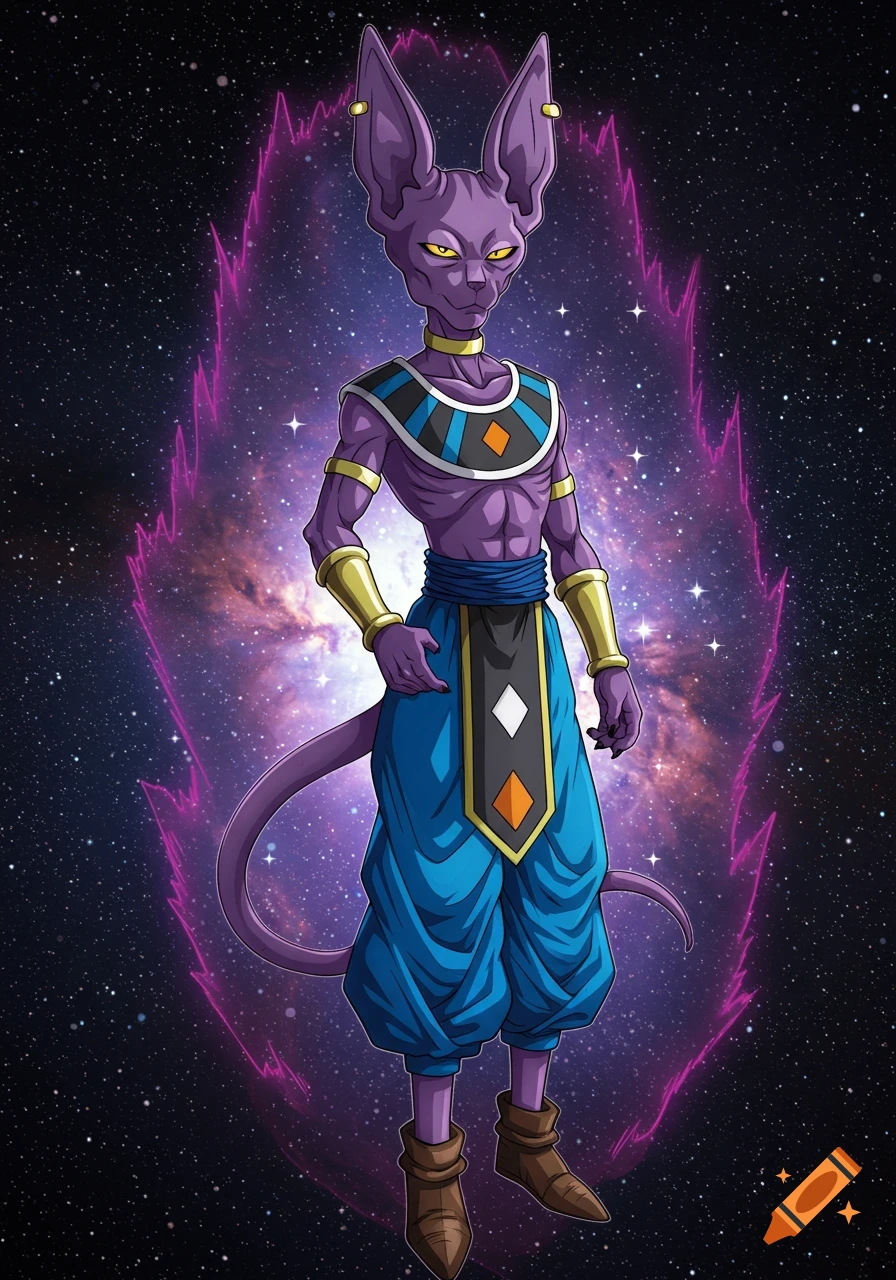 Anime art of Beerus, a purple cat-like humanoid with a serious expression and purple aura, standing in space.