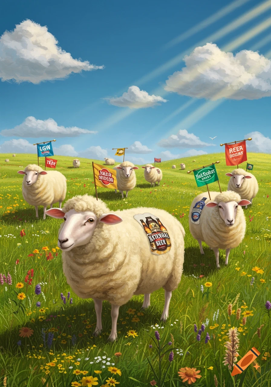 A whimsical painting of sheep with beer labels on their wool and flags with garbled text in a bright green field filled with colorful wildflowers under a blue sky.