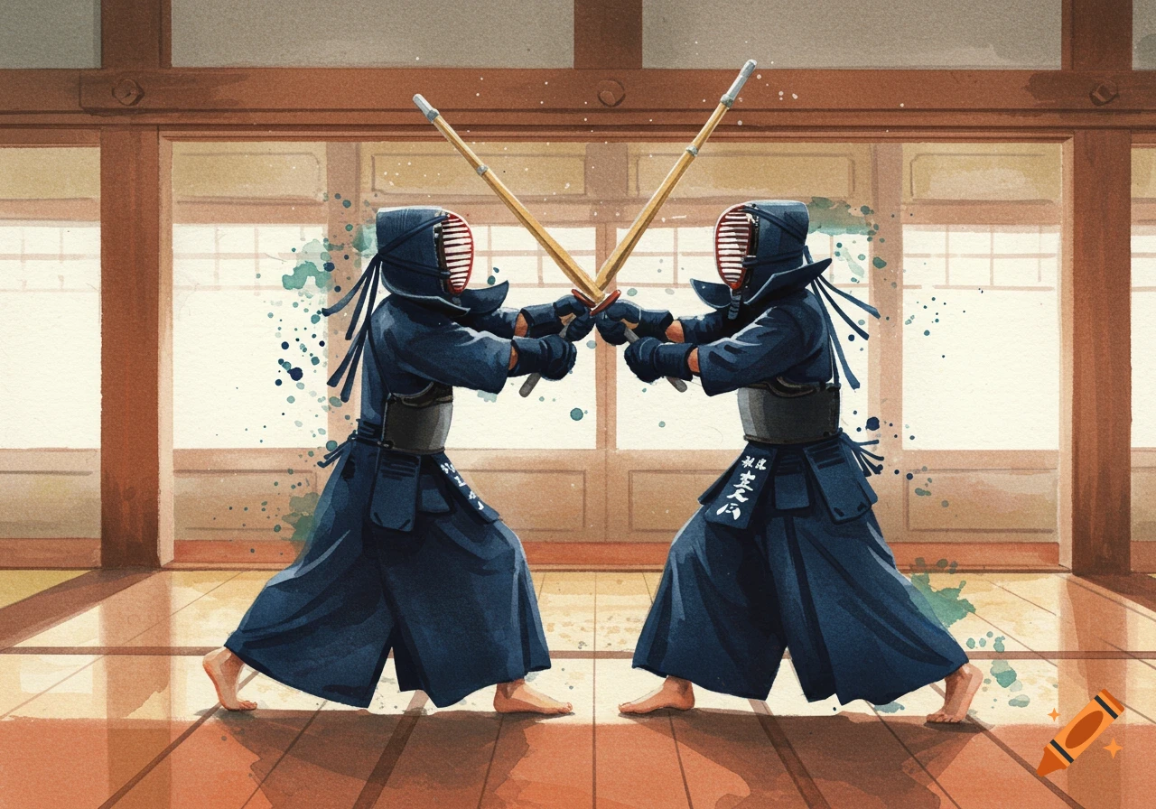Two people in Kendo gear with bamboo swords clash in a traditional dojo, depicted in watercolor style.