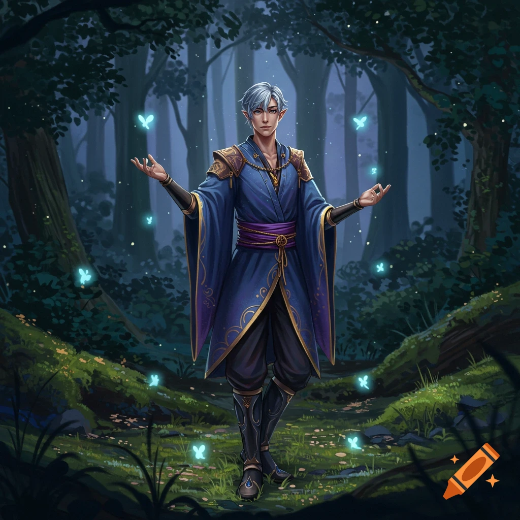 A white-haired male elf in blue robes stands in a magical forest, surrounded by glowing blue butterflies, in a fantasy art style.